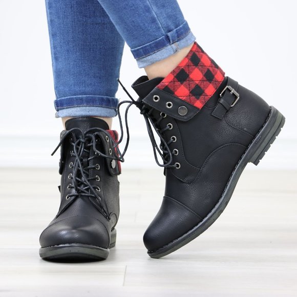 Buffalo Red Black Plaid Combat Ankles Boots Black Faux Leather - Picture 10 of 12